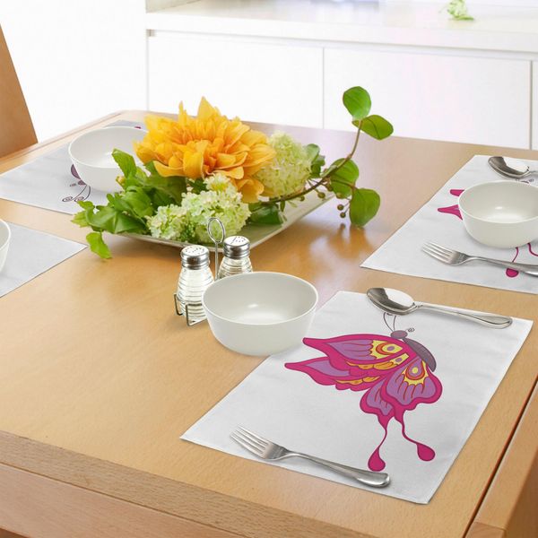 Abakuhaus Tovagliette Arancioni E Rosa, Farfalla Colorata Con Pois E Disegno Caricaturale Di Animali Primaverili, Decorazioni Da Tavola In Tessuto Resistente Al Lavaggio Per La Sala Da Pranzo E La Cucina, Multicolore-image