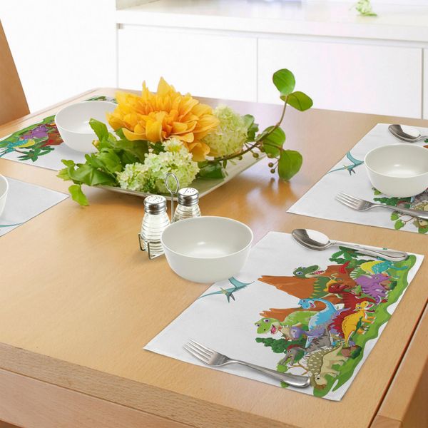 Tovagliette Abakuhaus Con Dinosauri, Simpatici Dinosauri In Stile Cartone Animato E Paesaggio Con Alberi E Montagne, Stampa Digitale Su Tessuto Lavabile, Decorazione Per La Tavola, Cucina, Multicolore-image