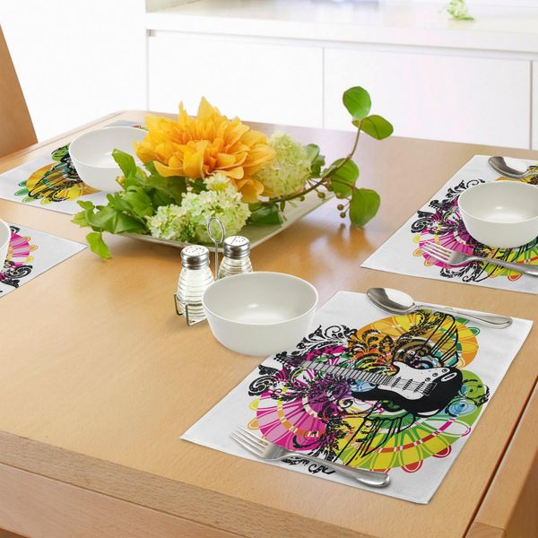 Abakuhaus Tovagliette Popstar Party, Composizione Floreale Astratta Con Cerchi Dai Colori Vivaci E Chitarra Elettrica, Tovaglietta Decorativa In Tessuto Resistente Ai Colori Per La Sala Da Pranzo E La Cucina, Multicolore-image
