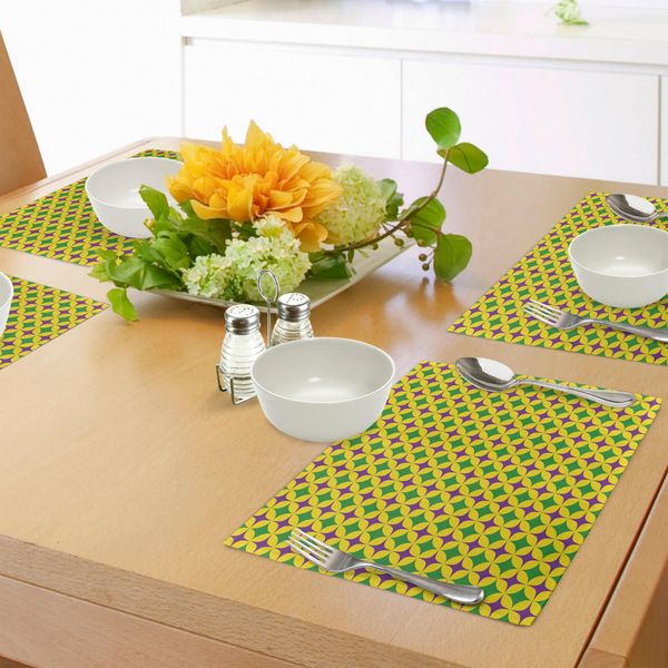 Tovagliette Abakuhaus Mardi Gras, Motivo Retrò Con Stelle Motivi Circolari Design Mascherata, Decorazioni Da Tavola In Tessuto Resistente Al Lavaggio Per La Sala Da Pranzo E La Cucina, Verde Felce Viola Giallo-image