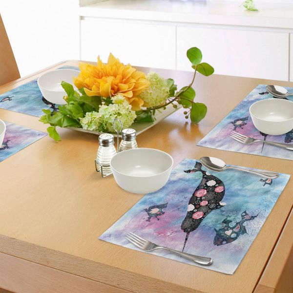 Tovagliette Abakuhaus Narwal, Con Motivo Floreale Narwal Balena E Pesce Psichedelico Con Ispirazioni Artistiche Astratte, Tiscjdeco In Tessuto Resistente Al Colore Per La Sala Da Pranzo E La Cucina, Multicolore-image