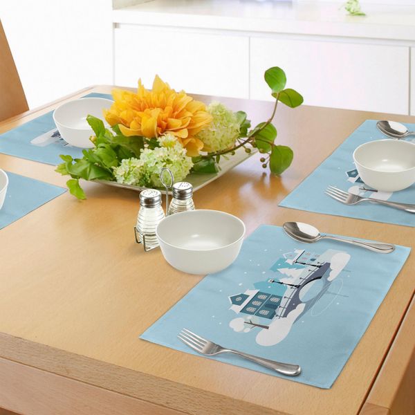 Abakuhaus Tovagliette Urbane, Motivo Invernale Con Neve, Case E Ponti, Tiscjdeco In Tessuto Resistente Al Lavaggio Per Sala Da Pranzo E Cucina, Azzurro Grigio Bianco-image