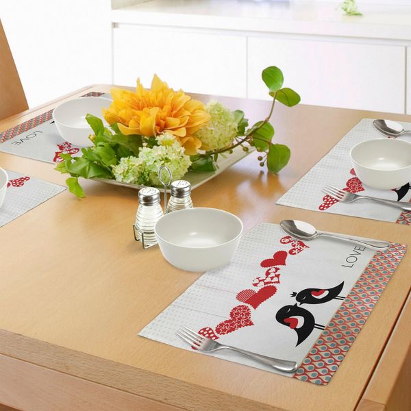Abakuhaus Tovagliette, Coppie Di Uccelli Regina E Re Che Si Baciano, Forme Di Cuori Pendenti E Motivi Astratti A Goccia, Tiscjdeco In Tessuto Resistente Al Colore Per La Sala Da Pranzo E La Cucina, Multicolore-image