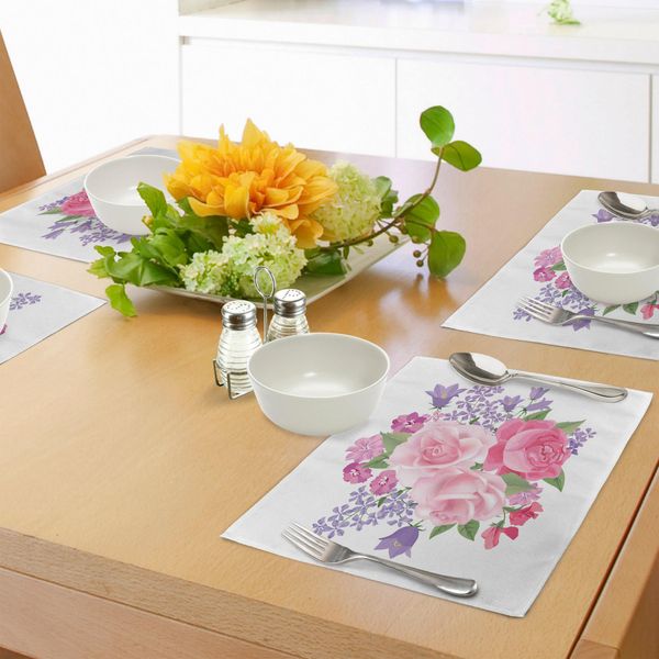 Abakuhaus Tovagliette Rosa E Bianche, Bouquet Da Sposa Con Fiori Rigogliosi Rosa Lavanda Viola Corsage, Decorazioni Da Tavola In Tessuto Resistente Al Lavaggio Per La Sala Da Pranzo E La Cucina, Lavanda Verde Rosa-image