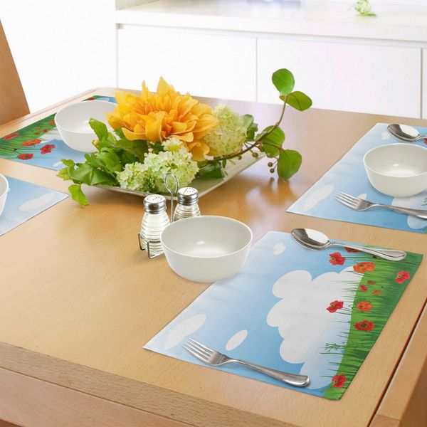 Tovagliette Abakuhaus Con Motivo Papaveri, Idilliaco Campo Estivo Ricoperto Di Erba In Piena Fioritura, Cielo Blu Con Nuvole Sopra La Natura Selvaggia, Tiscjdeco In Tessuto Resistente Al Lavaggio Per La Sala Da Pranzo E La Cucina, Multicolore-image