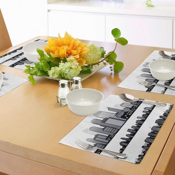 Abakuhaus Tovagliette Urbane, Silhouette - Skyline Di Edifici - Immobili - Motivi - Ispirazioni Architettoniche, Tiscjdeco In Tessuto Resistente Al Lavaggio Per La Sala Da Pranzo E La Cucina, Bianco, Nero, Grigio-image