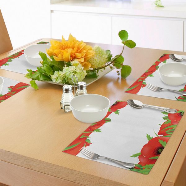 Abakuhaus Tovagliette Poppy, Piante Da Aiuola Perenni Con Petali Vivaci E Rigogliosi, Tiscjdeco In Tessuto Resistente Al Lavaggio Per La Sala Da Pranzo E La Cucina, Rosso Cinabro Bianco Verde-image