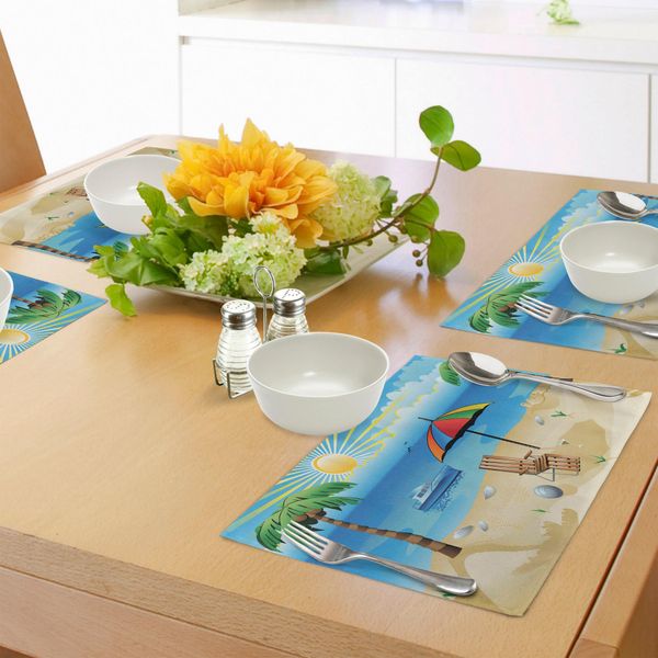 Tovagliette Da Spiaggia Abakuhaus, Motivo Costiero Colorato In Stile Caricaturale Con Barche, Arcobaleno, Ombrelli, Skyline Aperto E Palme, Tiscjdeco In Tessuto Resistente Al Lavaggio Per Sala Da Pranzo E Cucina, Multicolore-image