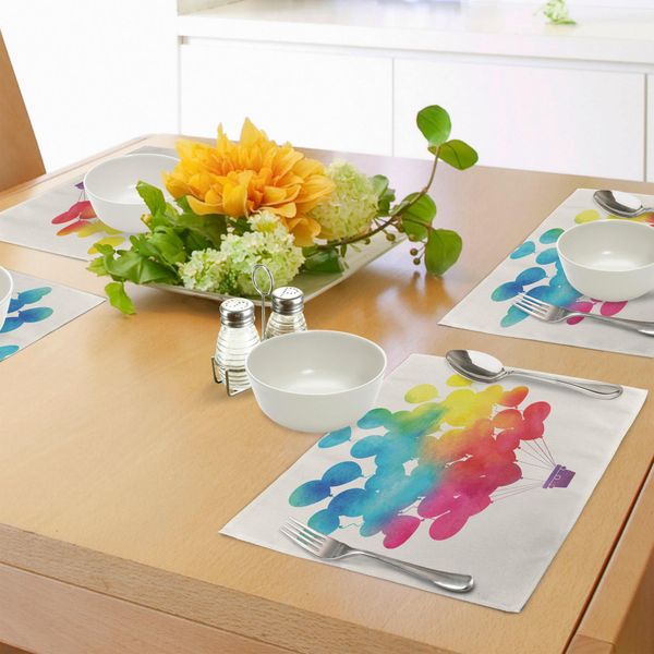 Tovagliette Acquerellate Abakuhaus, Mongolfiera Arcobaleno Colora Grazioso Cuore Forma Grazioso Felice, Decorazione Da Tavola In Tessuto Resistente Al Lavaggio Per Sala Da Pranzo E Cucina, Azzurro Giallo Rosa Rosso-image