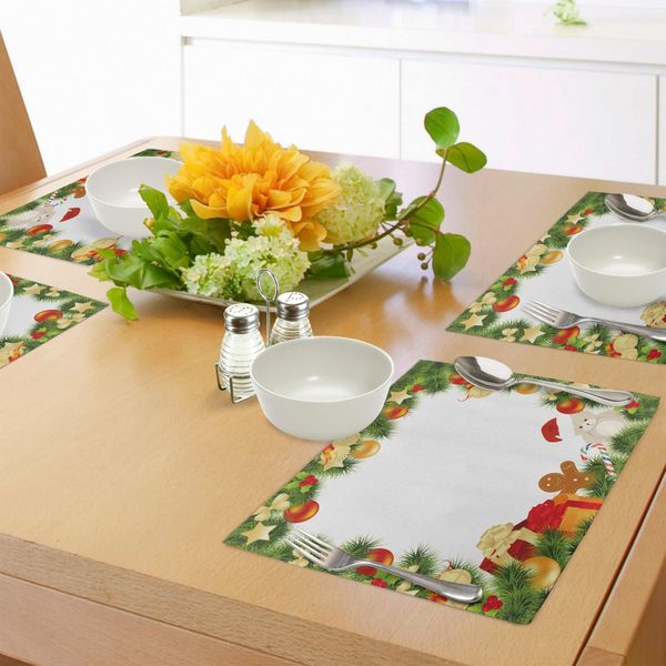 Tovagliette Natalizie Per Bambini Abakuhaus, Design Garland Frame Con Albero Di Natale Sempreverde, Peluche A Forma Di Orso E Omino Di Pan Di Zenzero, Decorazioni Da Tavola In Tessuto Resistente Al Lavaggio Per La Sala Da Pranzo E La Cucina, Multicolore-image