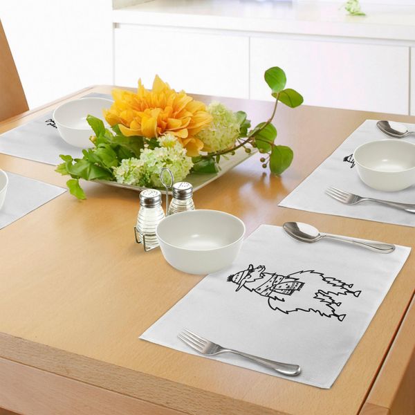 Tovagliette Abakuhaus Flamme, Animale Alpaca Sudamericano Con Illustrazione Monocromatica Di Abbigliamento Invernale, Tiscjdeco In Tessuto Resistente Al Lavaggio Per Sala Da Pranzo E Cucina, Bianco Nero-image