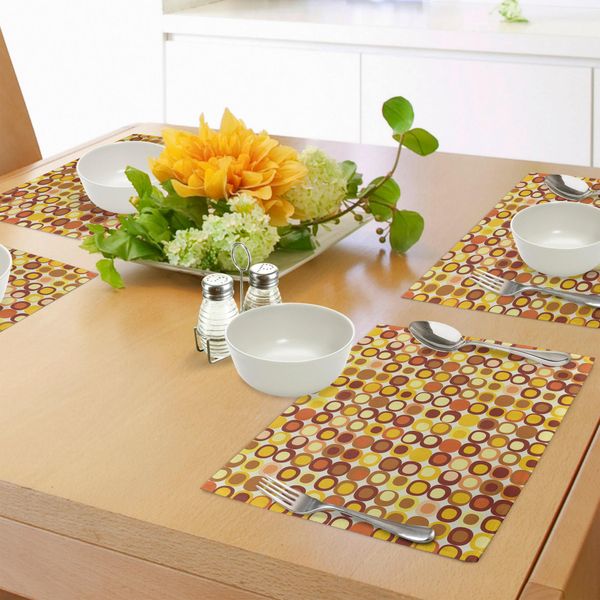 Abakuhaus Tovagliette Di Metà Secolo, Stile Kitsch E Retrò Motivo A Bordi Arrotondati Nei Toni Della Terra Antica, Tovagliette Decorative In Tessuto Resistente Ai Colori Per La Sala Da Pranzo E La Cucina, Giallo Marrone Rosso Corallo-image