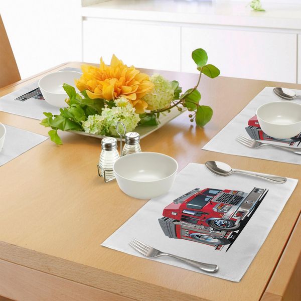 Tovagliette Abakuhaus, Stile Caricatura - Camion Dei Pompieri Rosso - Servizi Di Emergenza - Sicurezza Dei Trasporti Urbani, Tiscjdeco In Tessuto Resistente Ai Colori Per La Sala Da Pranzo E La Cucina, Grigio Chiaro Rosso-image