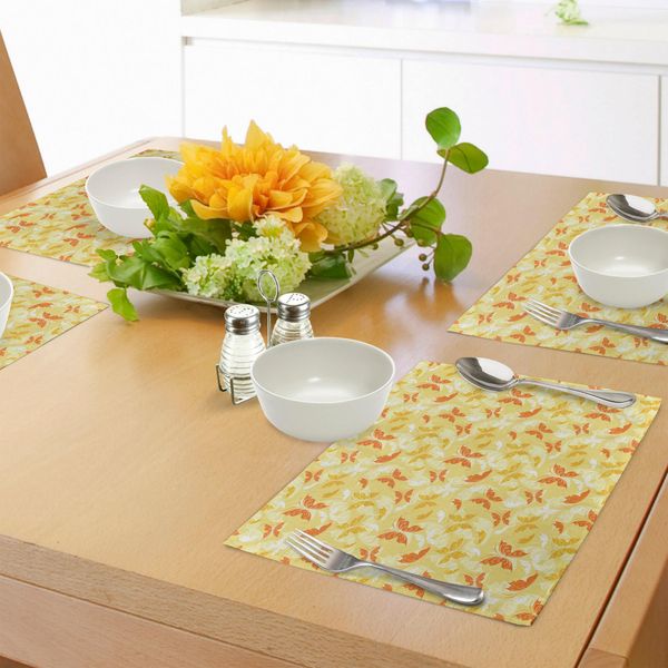 Abakuhaus Tovagliette Gialle E Bianche, Motivo A Farfalle Con Romantici Animali Primaverili, Tiscjdeco In Tessuto Resistente Al Lavaggio Per La Sala Da Pranzo E La Cucina, Marrone Giallo Arancione Giallo-image