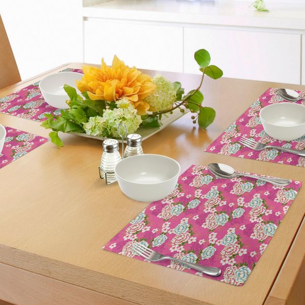 Abakuhaus Tovagliette Tradizionali, Chiaro Motivo Botanico Della Cultura Hakka Di Taiwan Con Peonia E Ibisco, Tiscjdeco In Tessuto Resistente Al Lavaggio Per La Sala Da Pranzo E La Cucina, Verde Rosa Blu-image