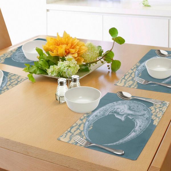 Tovagliette Abakuhaus Luna, Luna A Forma Di Falce Con Espressione Scontrosa - Stile Astratto Disegnato A Mano, Tiscjdeco In Tessuto Resistente Al Colore Per La Sala Da Pranzo E La Cucina, Blu-Grigio Senape-image