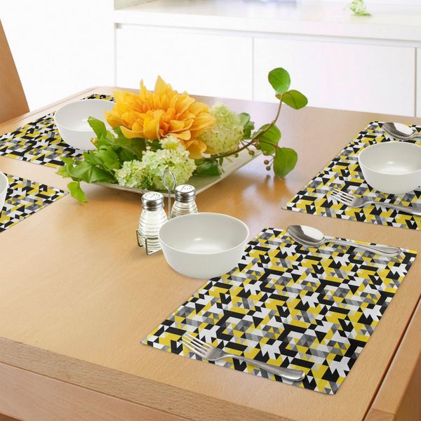 Abakuhaus Tovagliette Gialle E Bianche, Disegno Geometrico Con Triangoli E Ispirazione Houndstooth, Tiscjdeco In Tessuto Resistente Al Lavaggio Per La Sala Da Pranzo E La Cucina, Giallo Nero Grigio-image