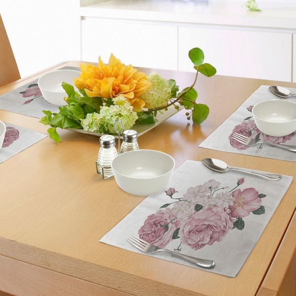 Tovagliette Abakuhaus Rose, Bouquet Di Rose Vintage Su Sfondo Grunge - Arte Romantica Antica Primaverile, Tiscjdeco In Tessuto Resistente Al Lavaggio Per Sala Da Pranzo E Cucina, Beige Verde Cipria Rosa-image