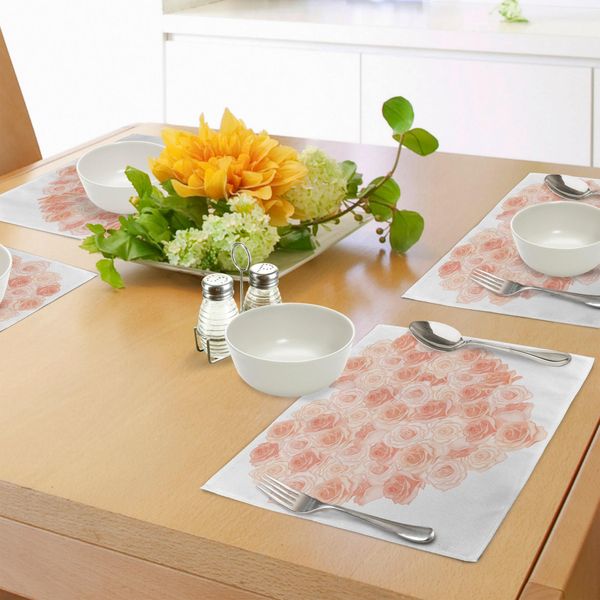 Abakuhaus Tovagliette A Forma Di Pesca, Bouquet Di Rose In Fiore A Forma Di Cuore Ispirato A San Valentino Con Un Design Romantico, Decorazioni Da Tavola In Tessuto Resistente Al Lavaggio Per La Sala Da Pranzo E La Cucina, Pesca Salmone-image