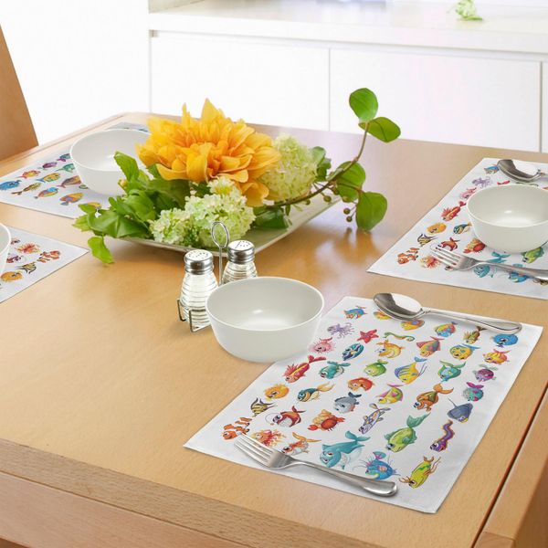 Tovagliette Abakuhaus Con Motivi Di Pesci, Collezione Di Animali Marini In Stile Cartone Animato Per Asilo Nido, Colori Vivaci, Happy Fish Abstract, Tiscjdeco In Tessuto Resistente Al Lavaggio Per Sala Da Pranzo E Cucina, Multicolore-image