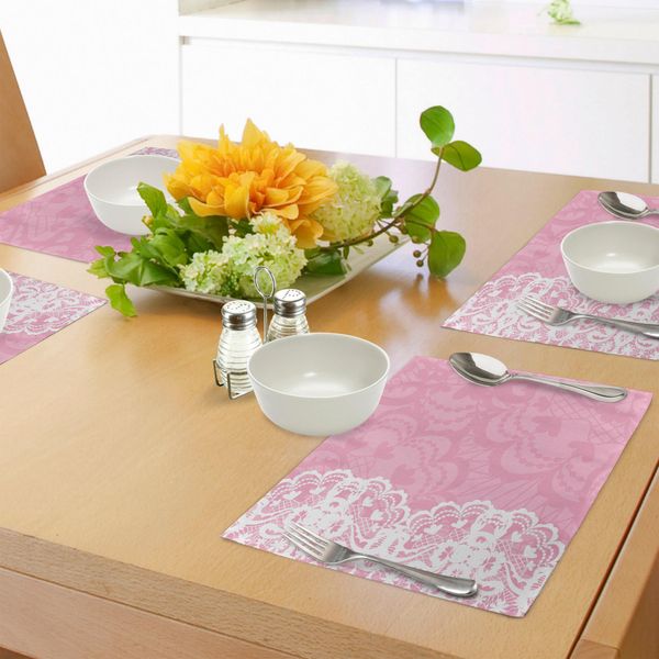 Abakuhaus Tovagliette Rosa E Bianche, Decorazione Floreale Verticale In Stile Pizzo, Disegno Femminile Astratto, Decorazioni Da Tavola In Tessuto Resistente Al Lavaggio Per La Sala Da Pranzo E La Cucina, Bianco Rosa-image