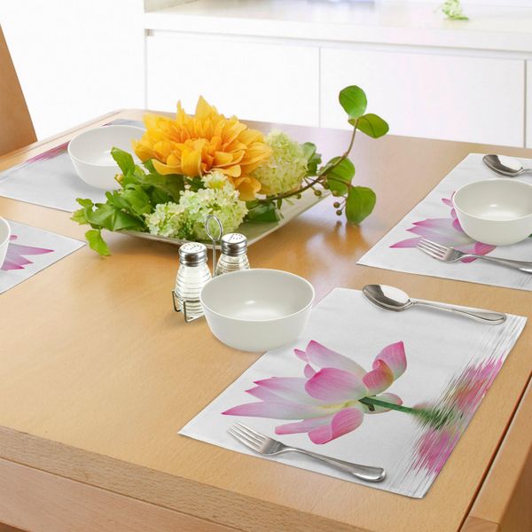 Abakuhaus Tovagliette Rosa E Bianche, Lotus Flower In Tema Acqua Dolce-Acqua-Natura-Relax E Spa, Tiscjdeco In Tessuto Resistente Al Lavaggio Per La Sala Da Pranzo E La Cucina, Bianco Verde Rosa-image