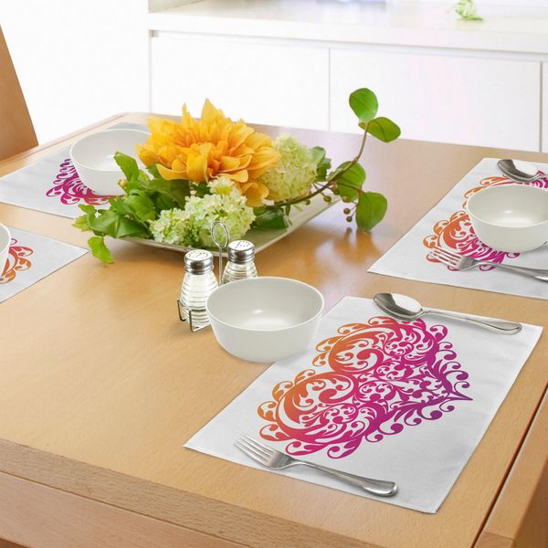 Abakuhaus Tovagliette Arancioni E Rosa, Cuore Astratto Vibrante Con Decorazioni, Riccioli E Volute, Tiscjdeco In Tessuto Resistente Al Lavaggio Per La Sala Da Pranzo E La Cucina, Magenta Arancione-image