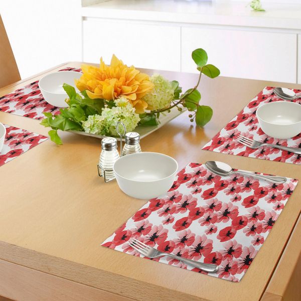 Tovagliette Abakuhaus Con Motivi Floreali, Papaveri Effetto Mezzitoni Retrò Simboli Di Fertilità E Vita Eterna Vintage, Tiscjdeco In Tessuto Resistente Ai Colori Per La Sala Da Pranzo E La Cucina, Rosso Cinabro Bianco Nero-image