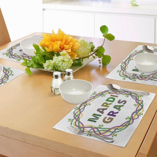 Tovagliette Abakuhaus Mardi Gras, Cornice Circolare Con Perline Vivaci E Scritta Con Motivi Tradizionali Stampati, Decorazioni Da Tavola In Tessuto Resistente Al Lavaggio Per La Sala Da Pranzo E La Cucina, Viola, Giallo, Verde-image
