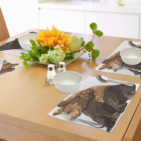 Tovagliette Abakuhaus Orso, Simpatico Mammifero Seduto E Sorridente, Mascotte Ispirata Alla Natura Animale, Stampa Digitale Su Tessuto Lavabile, Decorazione Da Tavola Per La Cucina, Marrone Taupe-image