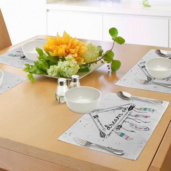 Tovagliette Abakuhaus Indie, Stile Boho Tribale Etnico Frecce Forma Triangolare Sogno Scritto A Mano Piume, Tiscjdeco In Tessuto Resistente Al Lavaggio Per Sala Da Pranzo E Cucina, Bianco Nero Rosa-image