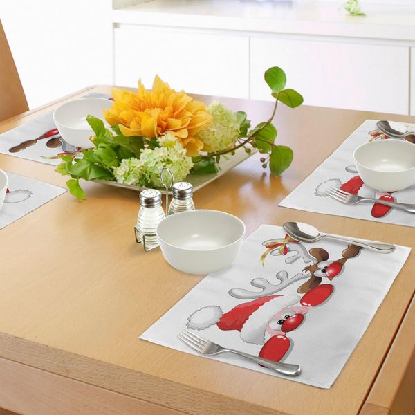 Abakuhaus Tovagliette Natalizie, Divertente Natale Babbo Natale E Renne, Divertenti Caricature, Decorazioni Da Tavola In Tessuto Resistente Ai Colori Per La Sala Da Pranzo E La Cucina, Rosso Cinabro Caramello Bianco-image