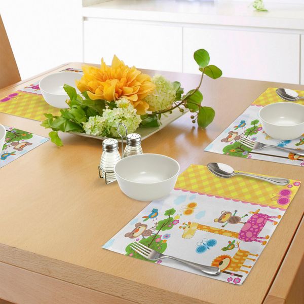 Tovagliette Per Asilo Abakuhaus, Motivo Con Farfalle, Alberi, Animali E Fiori E Decorazioni A Quadri, Tiscjdeco In Tessuto Resistente Al Lavaggio Per Sala Da Pranzo E Cucina, Multicolore-image