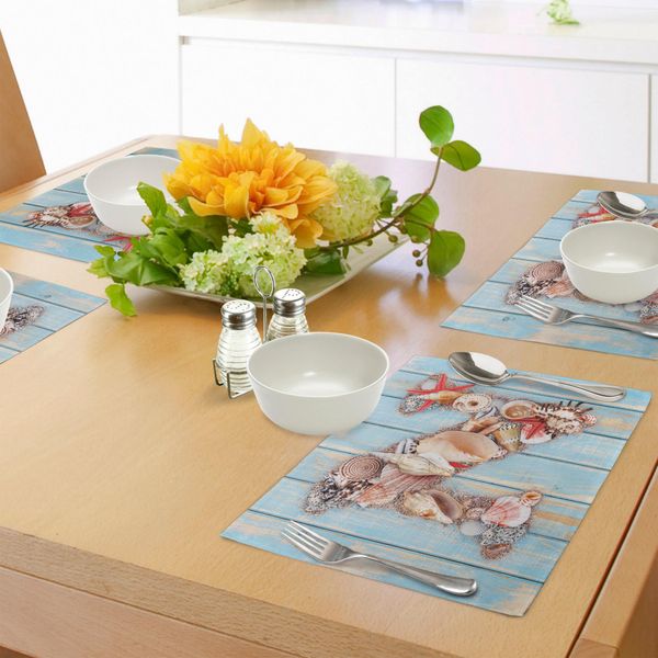 Abakuhaus Tovagliette Con Lettere, Alfabeto Oceanico Senza Vertebrati Abc Conchiglie Marine E Stelle Marine, Decorazioni Da Tavola In Tessuto Resistente Al Lavaggio Per La Sala Da Pranzo E La Cucina, Corallo Scuro Azzurro Avorio-image