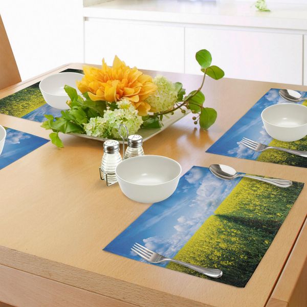 Abakuhaus Tovagliette Con Fiori Gialli, Campo Di Fiori Di Colza Con Cielo Azzurro E Limpido, Terreno Agricolo, Tiscjdeco In Tessuto Resistente Al Lavaggio Per Sala Da Pranzo E Cucina, Giallo E Blu-image
