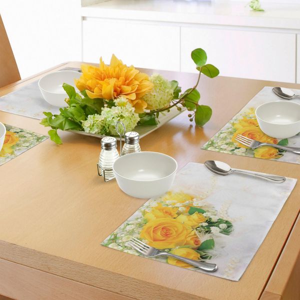 Abakuhaus Tovagliette Gialle, Bouquet Di Rose Romantiche E Colorate Su Sfondo Bianco, Decorazioni Per La Tavola In Tessuto Resistente Al Lavaggio Per La Sala Da Pranzo E La Cucina, Verde Felce Giallo Perla-image