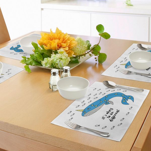 Abakuhaus Tovagliette Narwal, Disegno A Mano Di Una Balena Con Il Corno E Stelline Che Nuotano Con I Pesci, Tiscjdeco In Tessuto Resistente Al Lavaggio Per La Sala Da Pranzo E La Cucina, Blu Azzurro Giallo Grigio-image