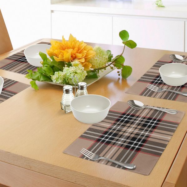 Abakuhaus Tovagliette A Quadri, Classico Tartan In Stile Britannico Con Motivi Geometrici A Righe, Tiscjdeco In Tessuto Resistente Al Lavaggio Per La Sala Da Pranzo E La Cucina, Marrone Chiaro Arancione Bianco-image