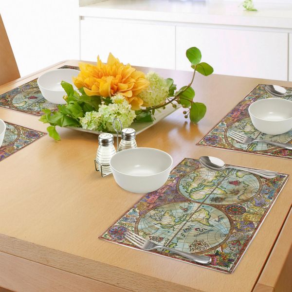 Tovagliette Acquerellate Abakuhaus, Mappa Del Mondo Vintage Con Disegni Mistici E Simbolici, Tiscjdeco In Tessuto Resistente Ai Colori Per La Sala Da Pranzo E La Cucina, Multicolore-image
