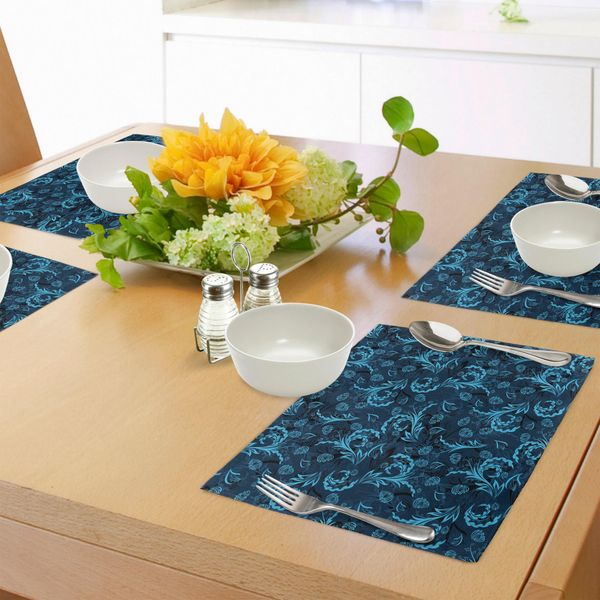 Abakuhaus Tovagliette Blu, Motivi Floreali Sinuosi Ispirati Al Damasco Astratto, Ornamenti Decorativi, Revival Reale, Stile Retrò, Tovagliette Decorative In Tessuto Resistente Al Lavaggio Per La Sala Da Pranzo E La Cucina, Indaco Acquamarina-image