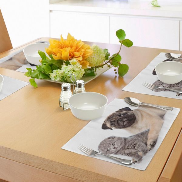 Abakuhaus Tovagliette Mops, Dolci Animali Domestici Gattini E Cuccioli Mops Scottish Fold Animal Fun Fotografia Stampa, Tiscjdeco In Tessuto Resistente Al Lavaggio Per Sala Da Pranzo E Cucina, Marrone Chiaro Beige-image