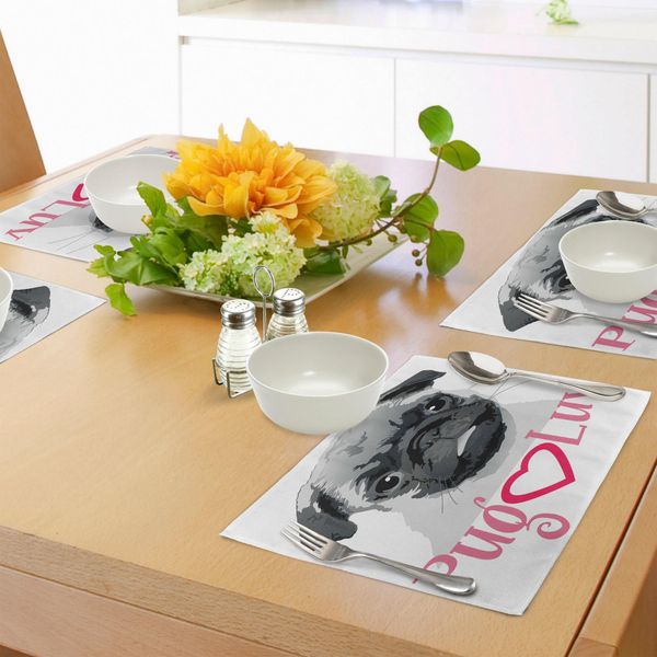 Abakuhaus Tovagliette Mops, Immagine Pug Love, Grazioso Disegno In Tonalità Di Grigio Di Un Cane, Animale, Divertimento, Legame, Stampa, Tiscjdeco In Tessuto Resistente Al Lavaggio Per La Sala Da Pranzo E La Cucina, Grigio-image