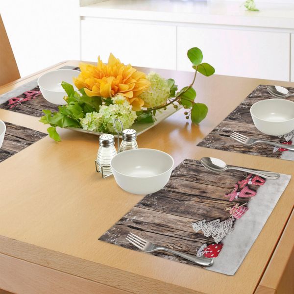 Tovagliette Invernali Abakuhaus, Grazioso Tessuto Tradizionale Natalizio Con Motivi Rustici In Legno Vintage, Tessuto Lavabile E Resistente Allo Scolorimento Per Sala Da Pranzo E Cucina, Bianco, Marrone, Rosa-image