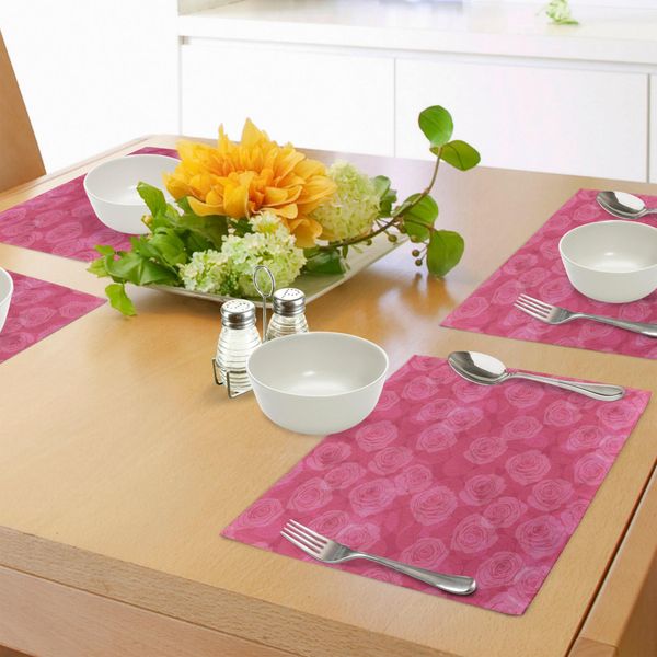 Tovagliette Abakuhaus Rose, Tonalità Di Rosa Con Delicati Motivi Floreali Stagionali, Tema Romantico Ispirato A San Valentino, Design Tiscjdeco In Tessuto Resistente Al Lavaggio Per Sala Da Pranzo E Cucina, Rosa-image