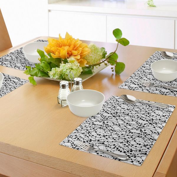 Abakuhaus Tovagliette Geometriche, Linee Monocromatiche Con Punti, Design Ornamentale, Ispirazioni Vintage Anni Ottanta, Tiscjdeco In Tessuto Resistente Al Lavaggio Per La Sala Da Pranzo E La Cucina, Bianco, Nero, Grigio-image