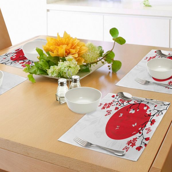 Tovagliette Giapponesi Abakuhaus, Decorazioni Ispirate Alla Cultura Giapponese, Fiori Di Ciliegio Sakura Tree Eastern, Tiscjdeco In Tessuto Resistente Al Lavaggio Per La Sala Da Pranzo E La Cucina, Rosso Cinabro, Bianco, Nero-image