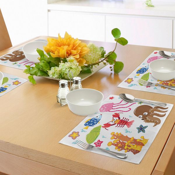 Tovagliette Per Bambini Abakuhaus, Con Divertenti Creature Marine In Stile Cartone Animato Nell'acquario Oceanico, Decorazioni Da Tavola In Tessuto Resistente Ai Colori Per La Sala Da Pranzo E La Cucina, Multicolore-image