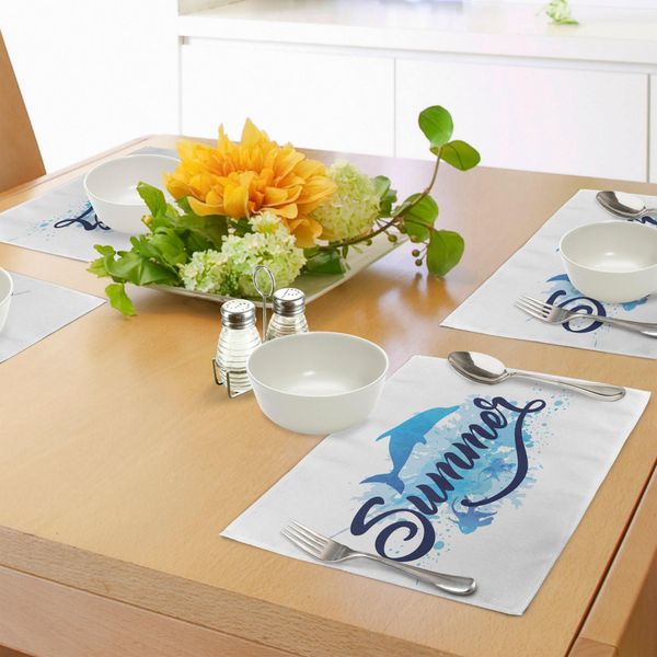 Tovagliette Abakuhaus Con Delfini, Scritta Estiva Astratta Con Pesci E Delfini Con Spruzzi Di Colore, Decorazione Da Tavola In Tessuto Resistente Al Lavaggio Per La Sala Da Pranzo E La Cucina, Azzurro E Blu Scuro-image