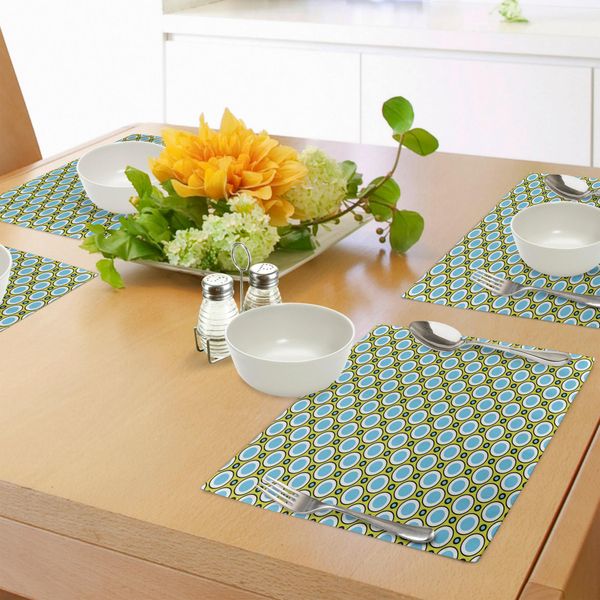 Abakuhaus Tovagliette Geometriche, Cerchi Retrò Con Pois Elementi Di Design Rotondi Ispirazioni Vintage, Tiscjdeco In Tessuto Resistente Al Lavaggio Per La Sala Da Pranzo E La Cucina, Giallo Verde Nero Blu-image