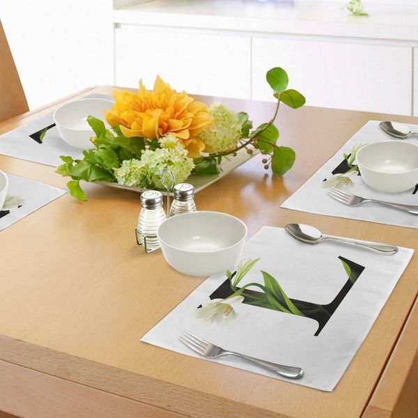 Abakuhaus Tovagliette Con La Lettera L, Abc Tipografico, Lettera Maiuscola L Con Giglio Flourish Floral Natural Grace, Tiscjdeco In Tessuto Resistente Al Lavaggio Per La Sala Da Pranzo E La Cucina, Bianco, Nero, Verde-image